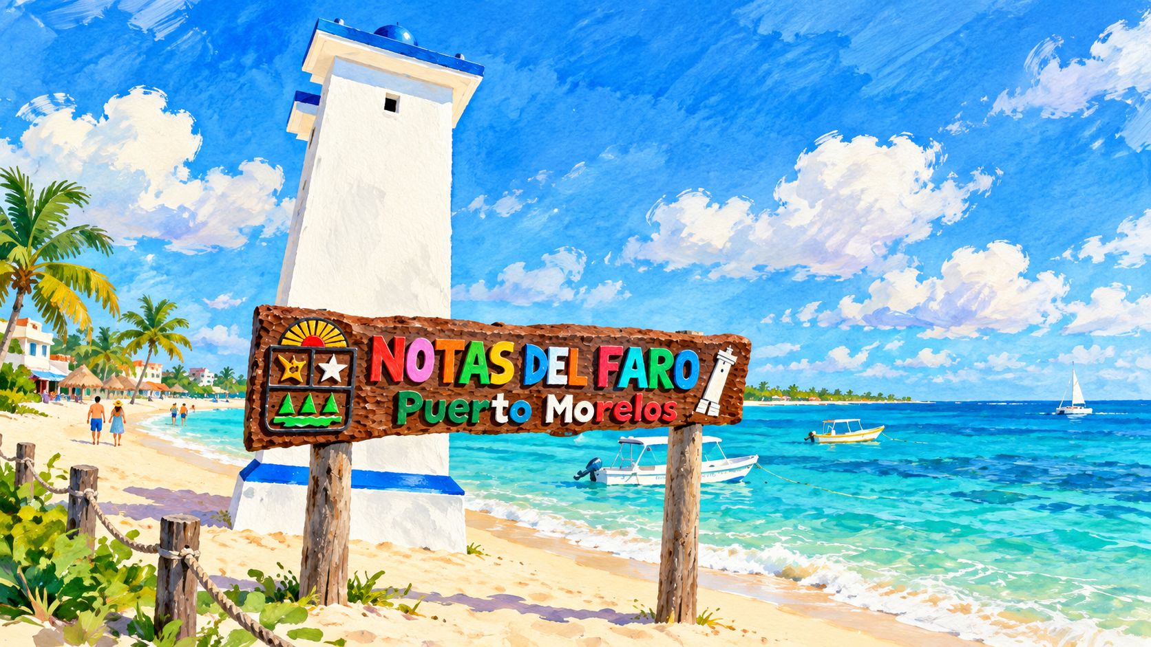 Illustration of the leaning lighthouse on the beach at Puerto Morelos, with a Notas del Faro sign and boats on turquoise water.
